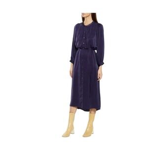 XIRENA Women's Purple Button-Down Midi Dress Long Sleeve Drawstring Waist